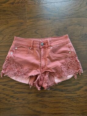 Y2K American Eagle Lace-Trim High Waist Denim Shorts